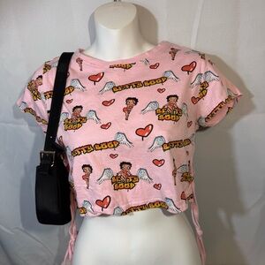 Betty Boop Pink Cropped Tee Lace Up Sides Graphic Top M